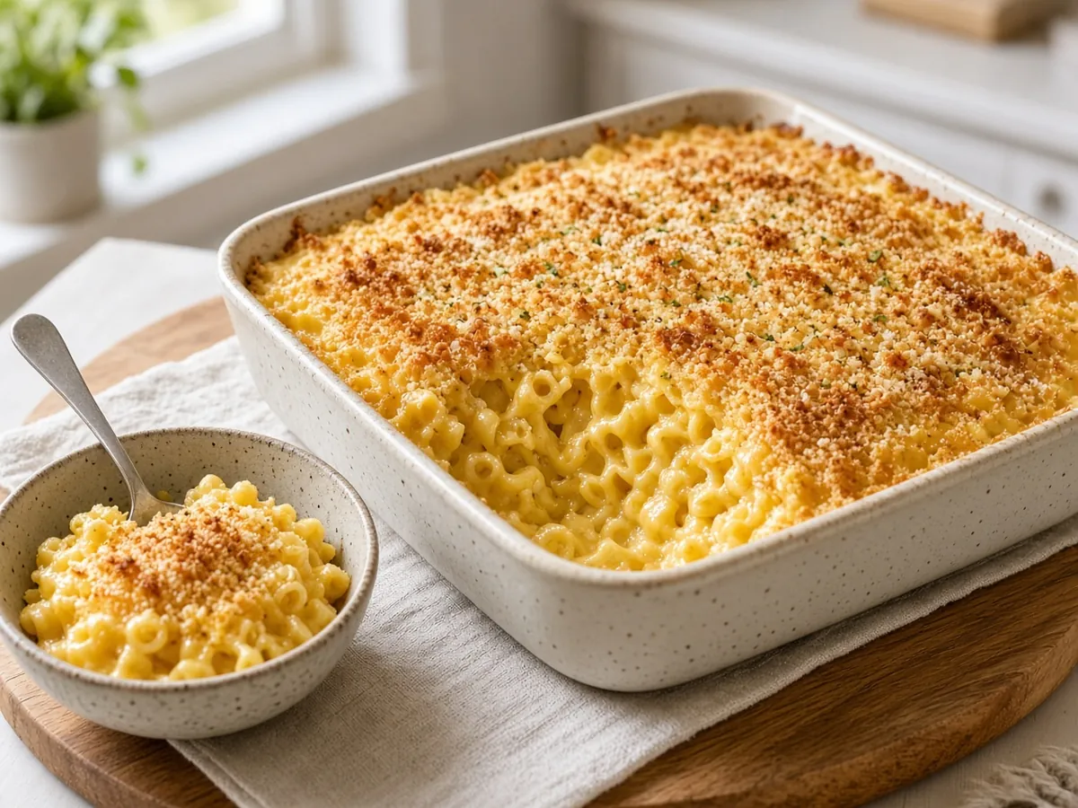 Baked Mac and Cheese: Creamy stovetop cheese sauce and elbow pasta, baked under a crunchy buttered crumb topping.
