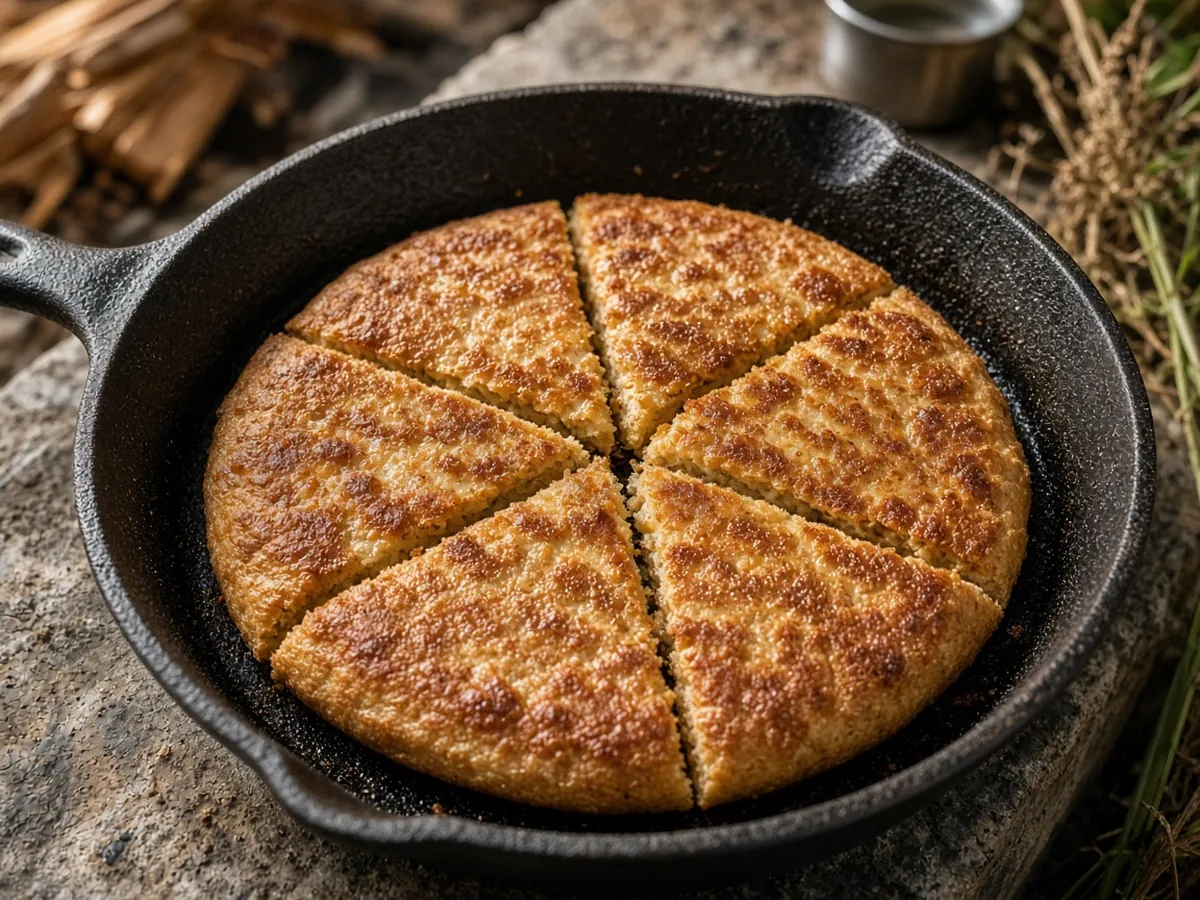 Bannock (Camp Bread): A skillet camp bread of flour, baking powder, salt and water — few ingredients, no yeast, cooked over any heat source.