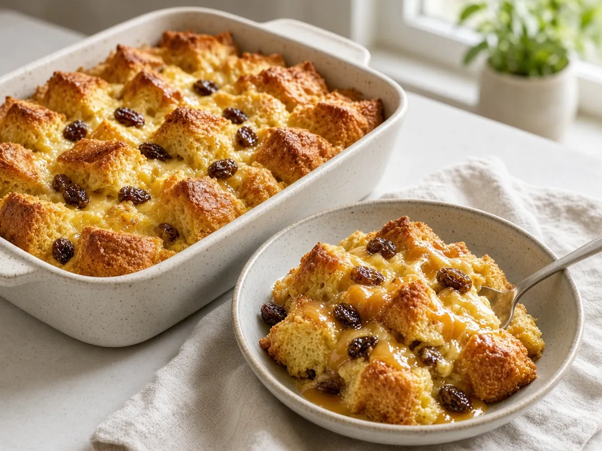 Bread Pudding: Day-old bread soaked in cinnamon-vanilla custard and baked until puffed and golden.