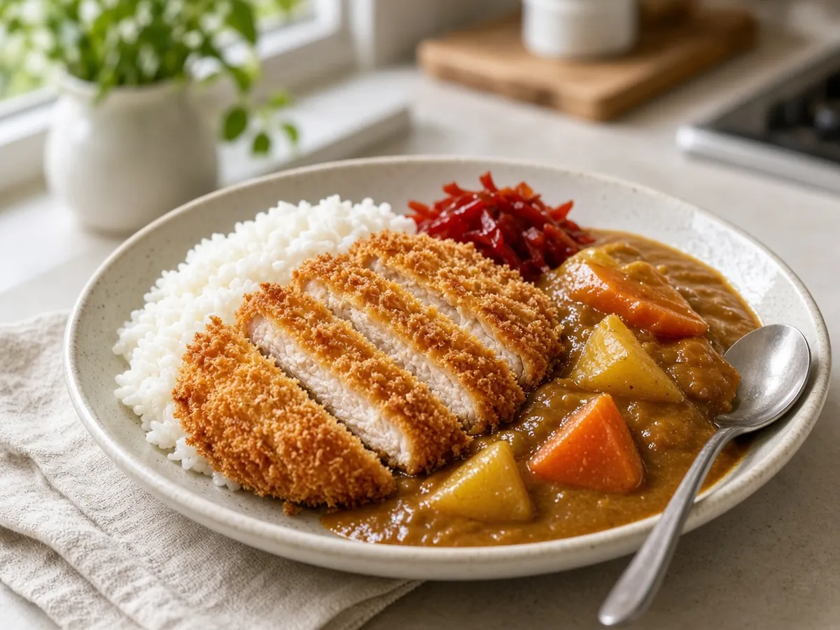 Chicken Katsu Curry: Crisp panko-crusted chicken cutlets over rice with a mild, sweet Japanese curry sauce.