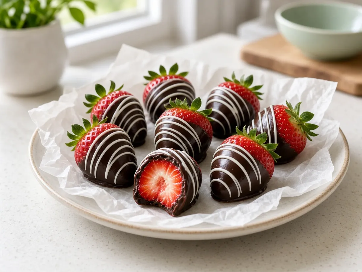Chocolate-Dipped Strawberries: Juicy strawberries dipped in glossy dark chocolate with a white-chocolate drizzle.