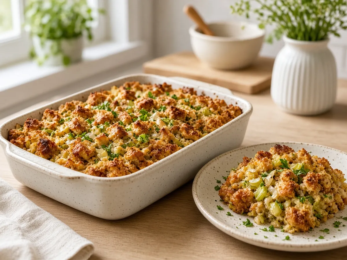 Classic Bread Stuffing: Buttery bread stuffing with onion, celery, sage and thyme, baked until crisp on top and soft underneath.