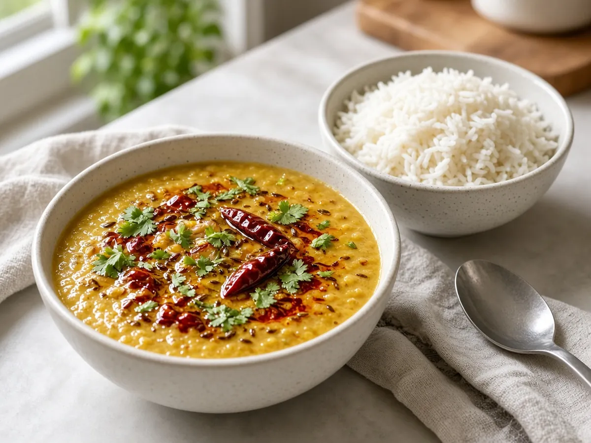 Dal Tadka: Comforting yellow lentils simmered soft and finished with a sizzling tempering of ghee, cumin and garlic.