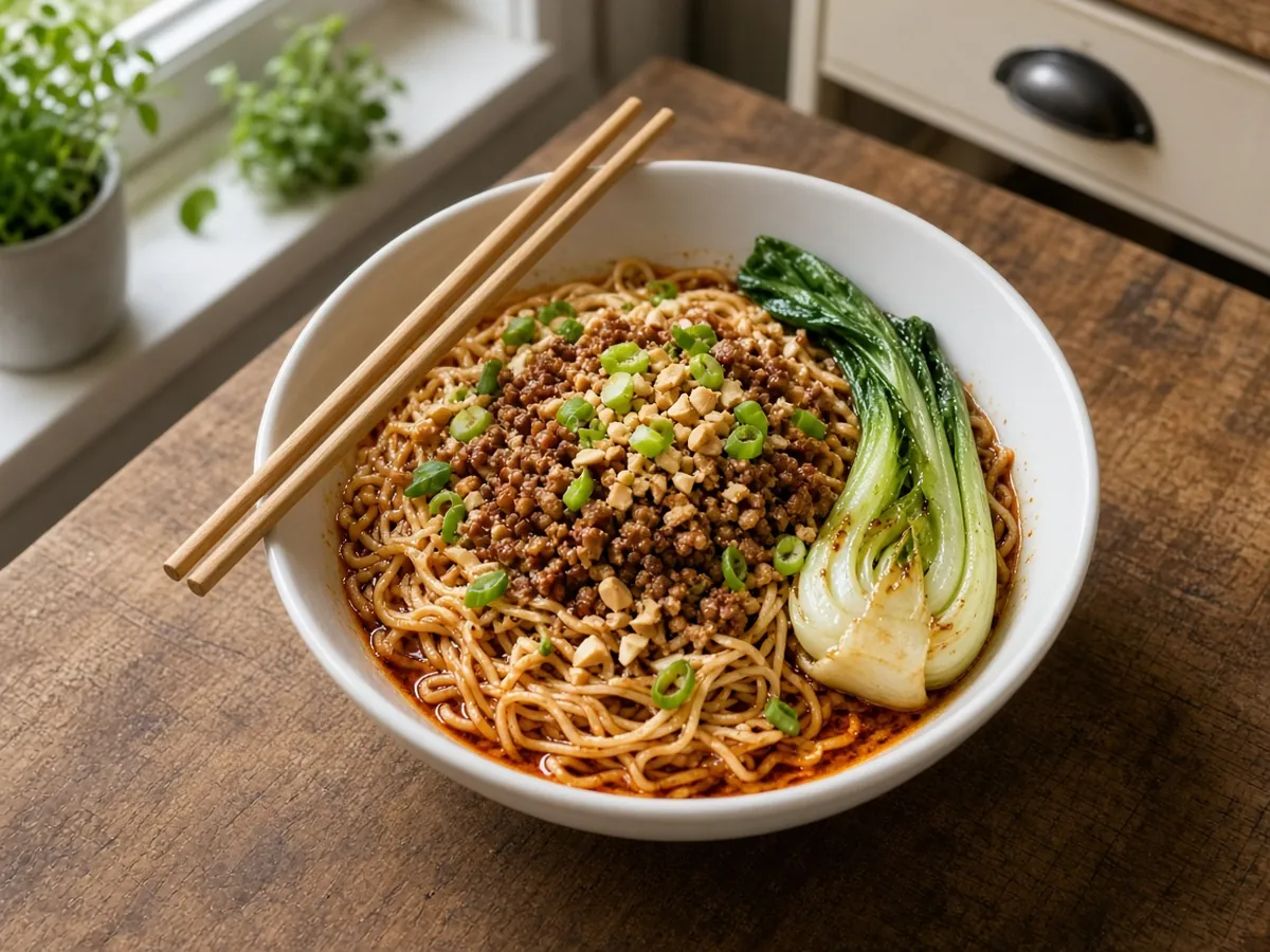Sichuan Dan Dan Noodles: Springy wheat noodles in a nutty sesame, soy and chili oil sauce, topped with crispy savory pork, preserved mustard greens and a tingle of Sichuan pepper.