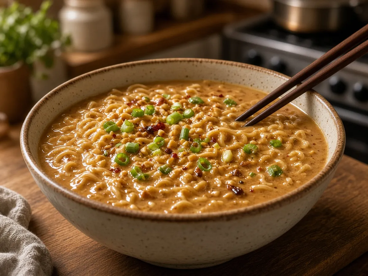 Instant Ramen Upgrade: One packet of instant ramen turned into a savory bowl with peanut butter, soy sauce and a little oil — all shelf-stable add-ins.