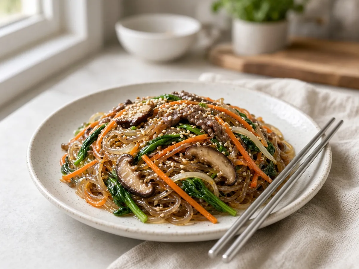 Japchae (Korean Glass Noodles): Chewy sweet potato noodles tossed with beef, vegetables and a sweet soy-sesame sauce.