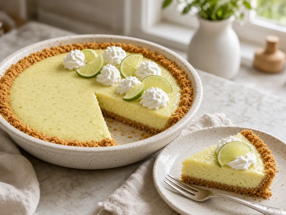 Key Lime Pie: A tangy, creamy lime filling baked briefly in a graham cracker crust and topped with whipped cream.