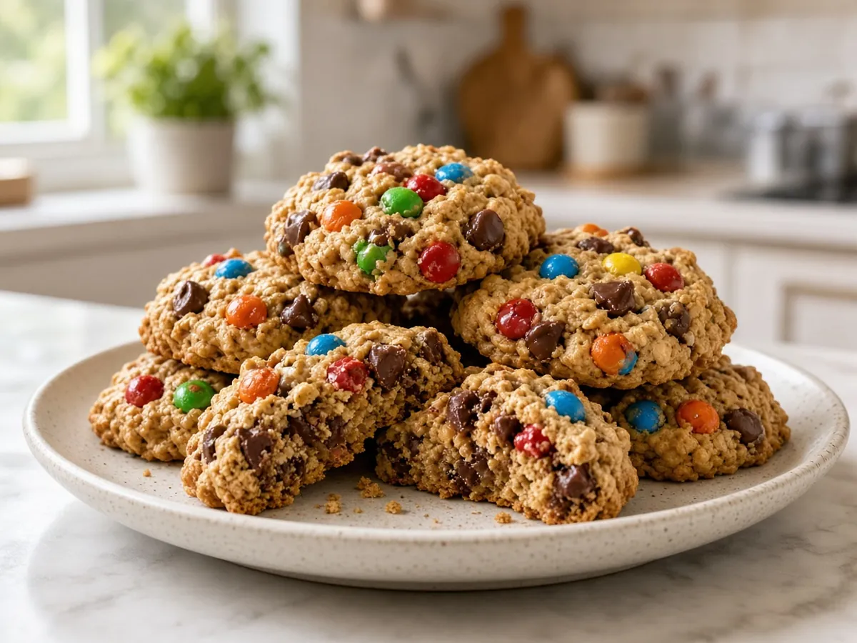 Monster Cookies: Chunky, chewy peanut butter oat cookies loaded with chocolate chips and colorful candies.