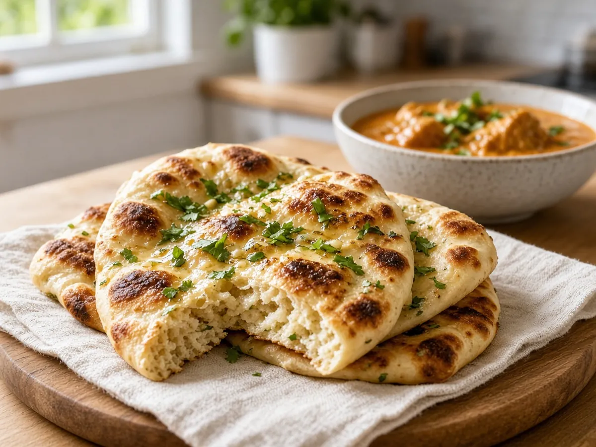 Homemade Naan: Soft, bubbly yogurt flatbreads cooked in a very hot skillet and brushed with butter.