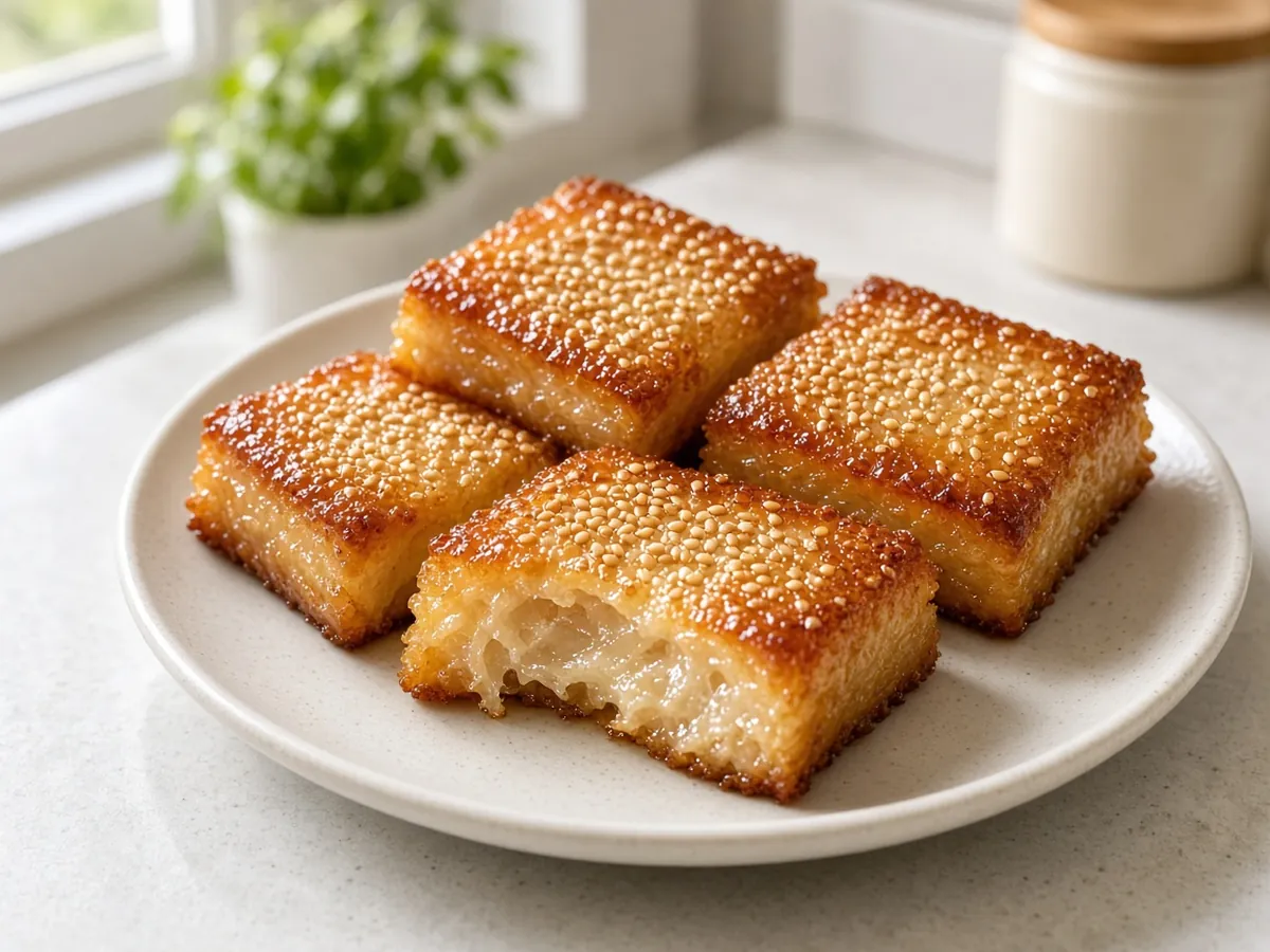 Baked Nian Gao (Sticky Rice Cake): A chewy, bouncy sweet cake made from glutinous rice flour, eaten for a 'higher' year ahead.