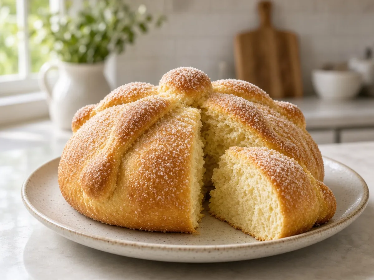 Pan de Muerto: A soft, orange-scented sweet bread topped with dough 'bones' and sugar, baked for Día de Muertos.