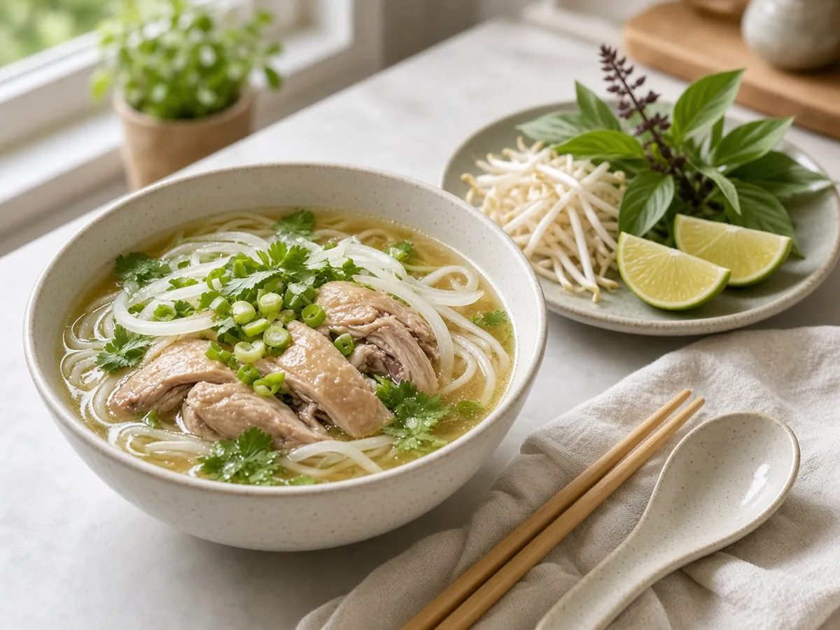 Pho Ga (Vietnamese Chicken Noodle Soup): A clear, fragrant chicken broth with charred ginger and warm spices, ladled over rice noodles.