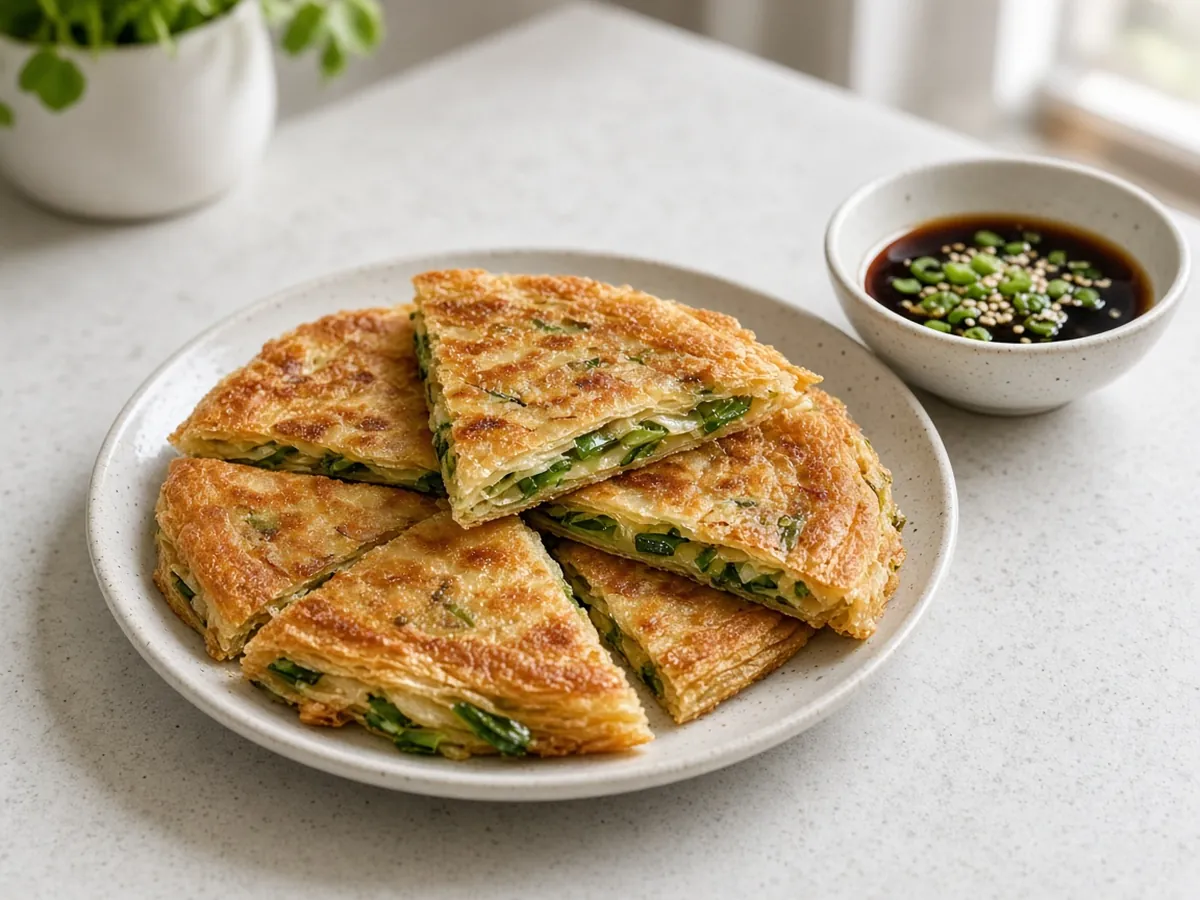Scallion Pancakes: Flaky, chewy pan-fried flatbreads layered with green onion and toasted sesame oil.