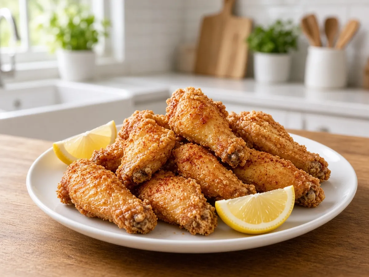 Stevie's Fried Chicken: Steven's own recipe: chicken wings in a simple dry coating of potato starch, cornstarch and Lawry's, fried light and shatteringly crispy.