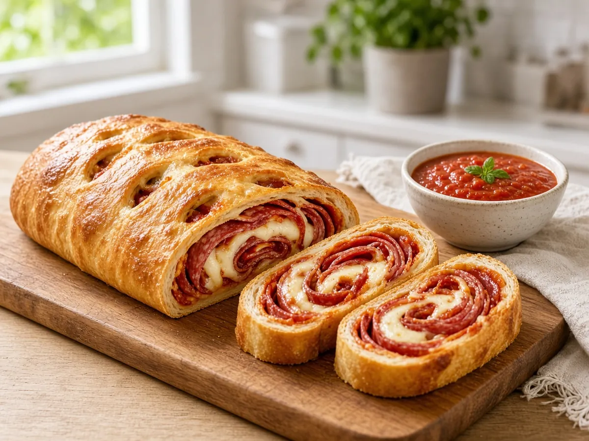 Italian Stromboli: Pizza dough rolled up around salami, pepperoni and two cheeses, then baked and sliced.