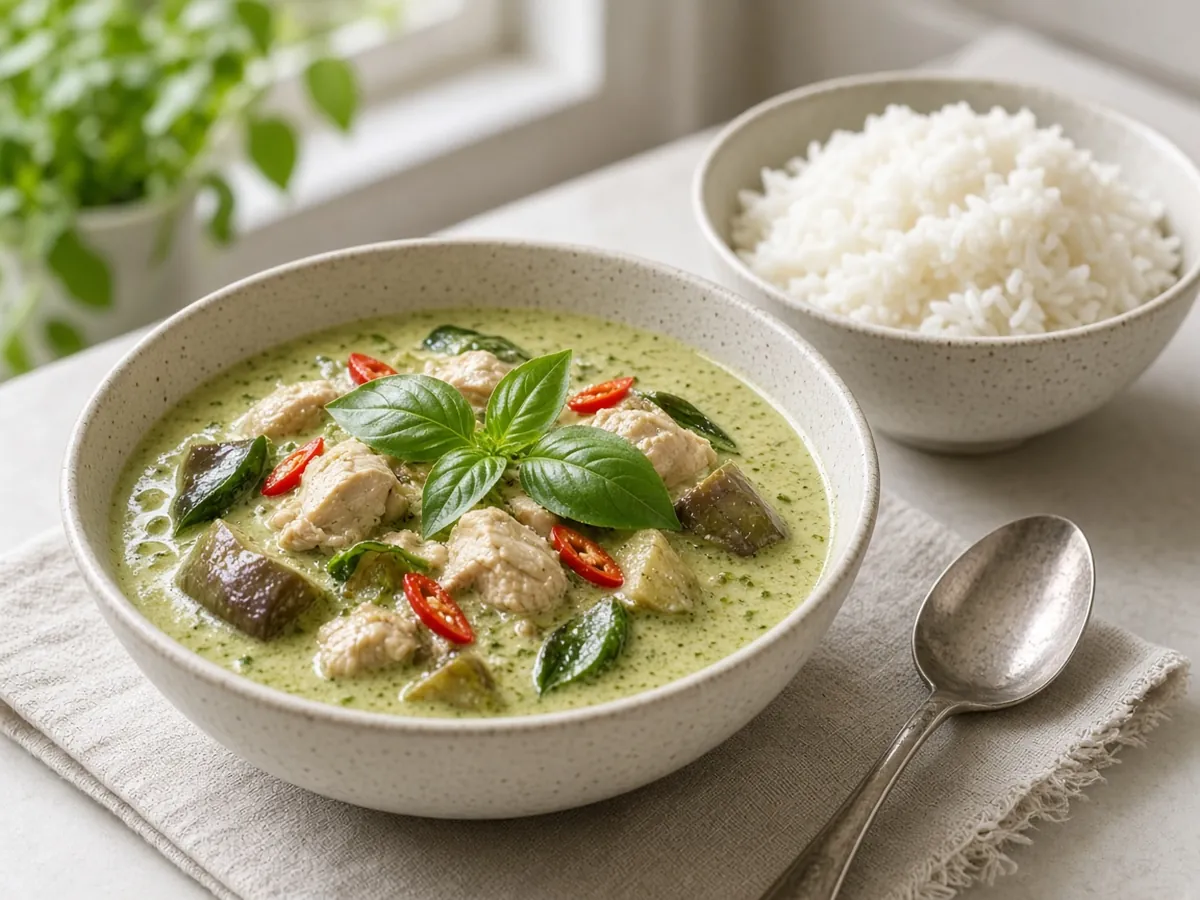 Thai Green Curry with Chicken: Creamy coconut green curry with chicken, eggplant and Thai basil, served with jasmine rice.