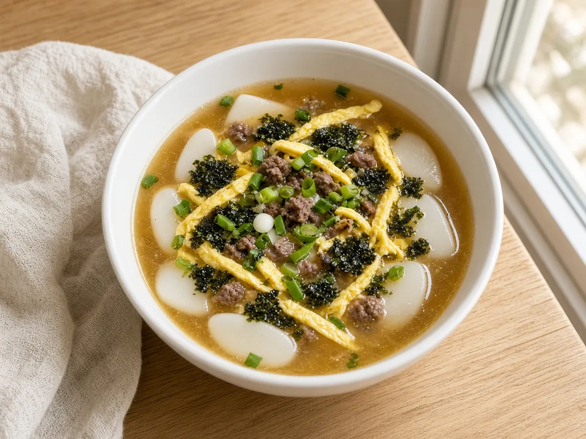 Korean Rice Cake Soup (Tteokguk): Clear beef broth with soft oval rice-cake discs, egg ribbons and roasted gim — the Seollal / Lunar New Year bowl that marks a fresh year.