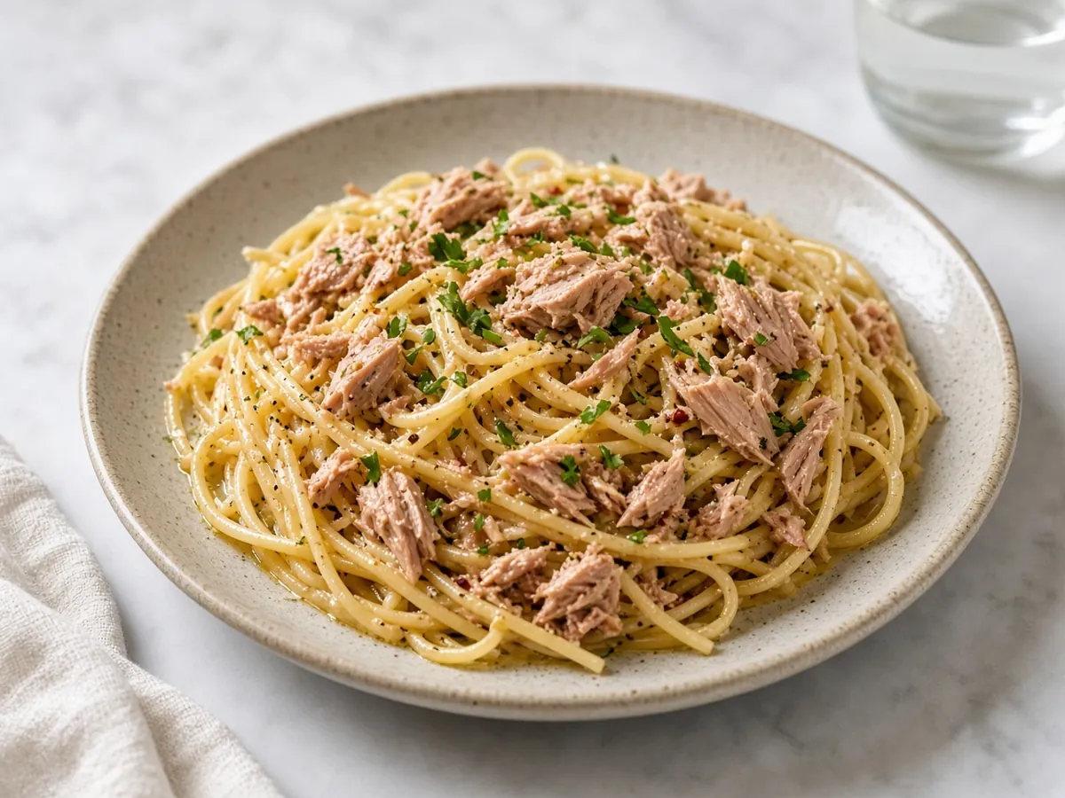 Shelf-Stable Tuna Pasta: Dry pasta and a can of tuna tossed with oil, salt and pantry seasonings — dinner from the shelf in about 20 minutes.