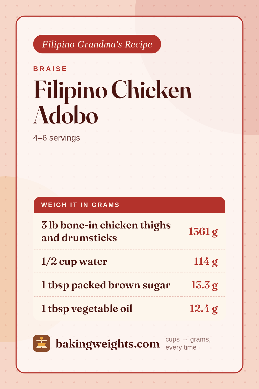 Filipino Chicken Adobo Recipe (Grams & Cups) | Baking Weights