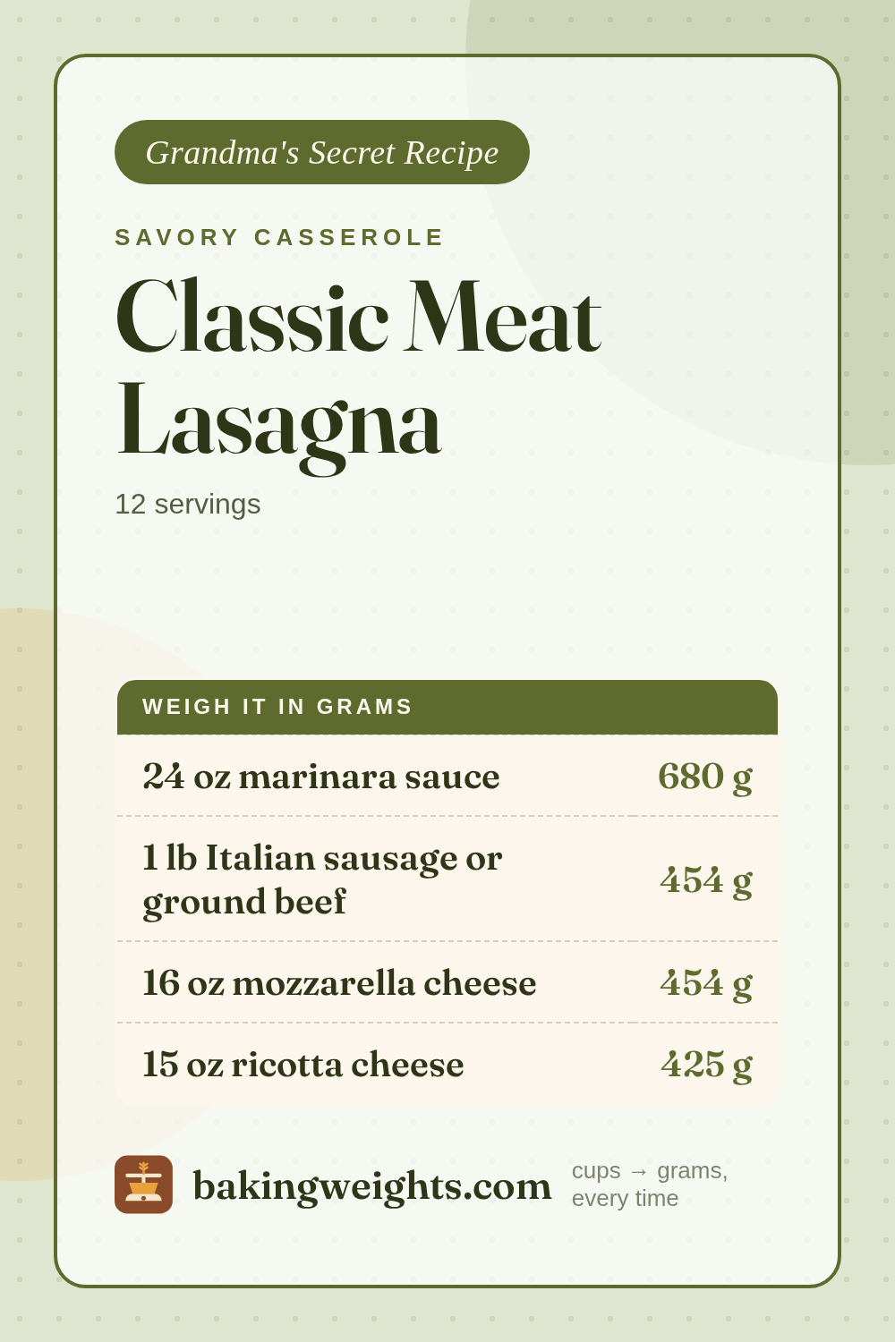 Classic Meat Lasagna Recipe (Grams & Cups) | Baking Weights