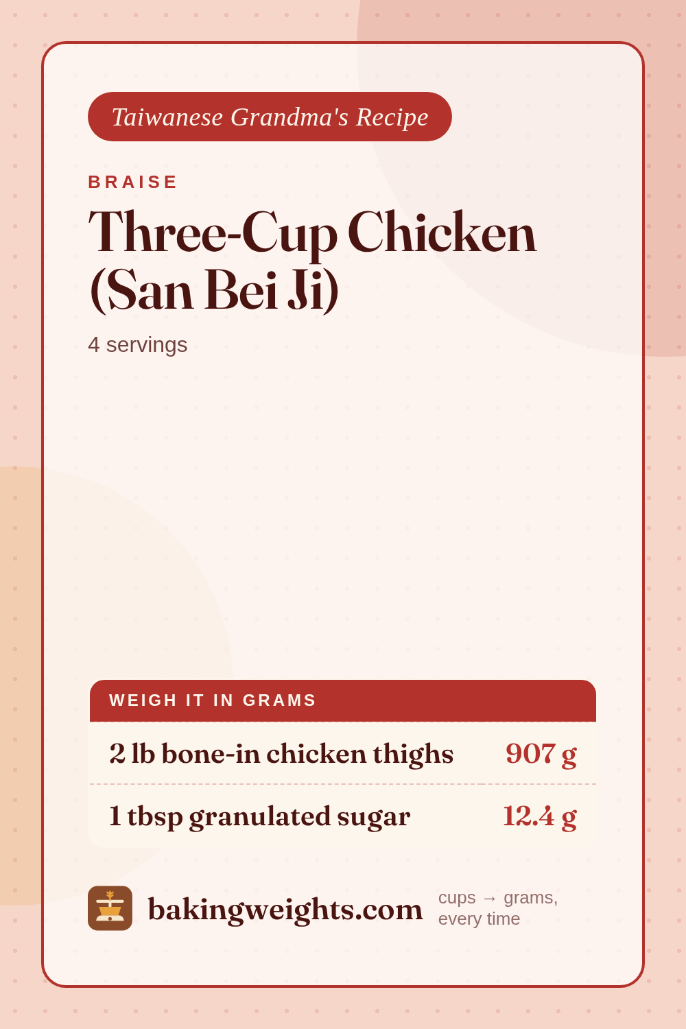 Three-Cup Chicken (San Bei Ji) Recipe (Grams & Cups) | Baking Weights